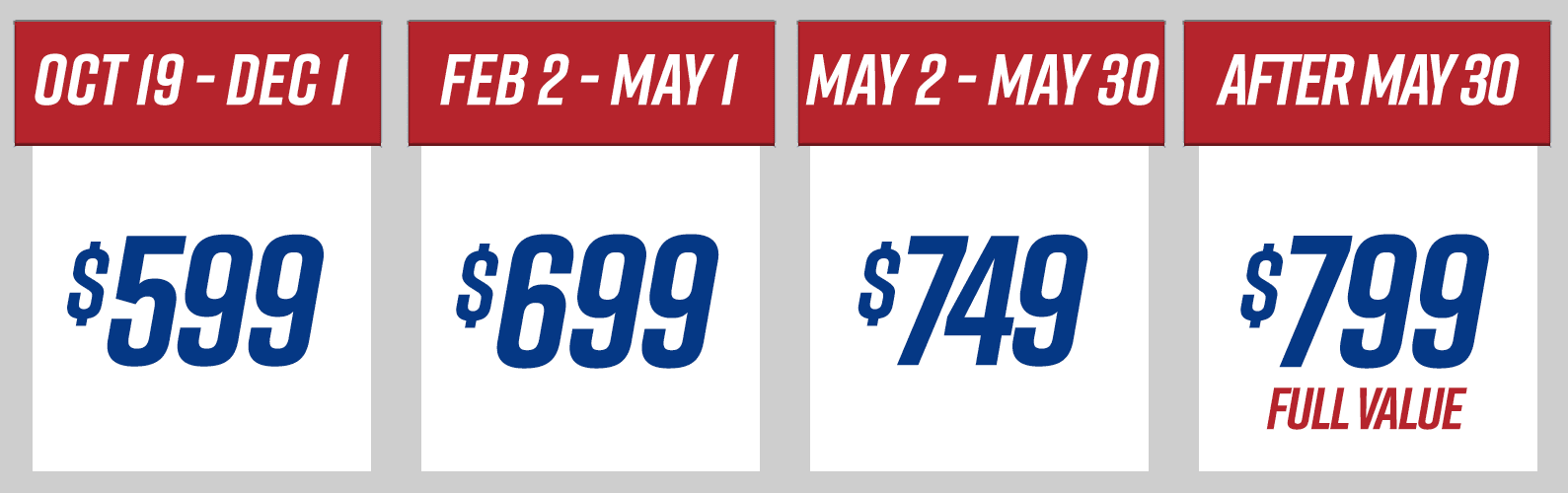 October through December, $549. December through February, $599, February through May, $649. May 2nd through May 30th, $699. June 1st through 30th, $799.