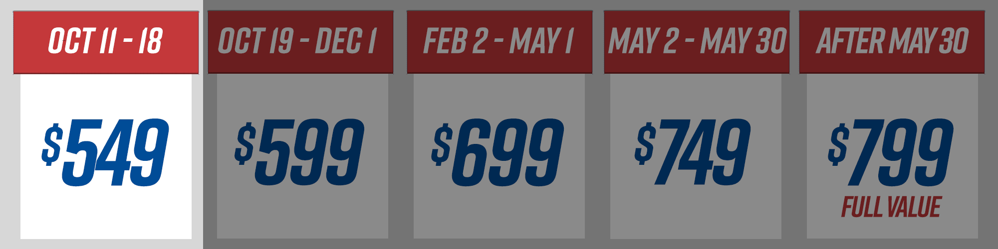October through December, $549. December through February, $599, February through May, $649. May 2nd through May 30th, $699. June 1st through 30th, $799.