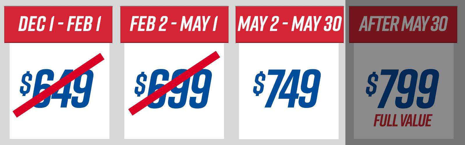October through December, $549. December through February, $599, February through May, $649. May 2nd through May 30th, $699. June 1st through 30th, $799.
